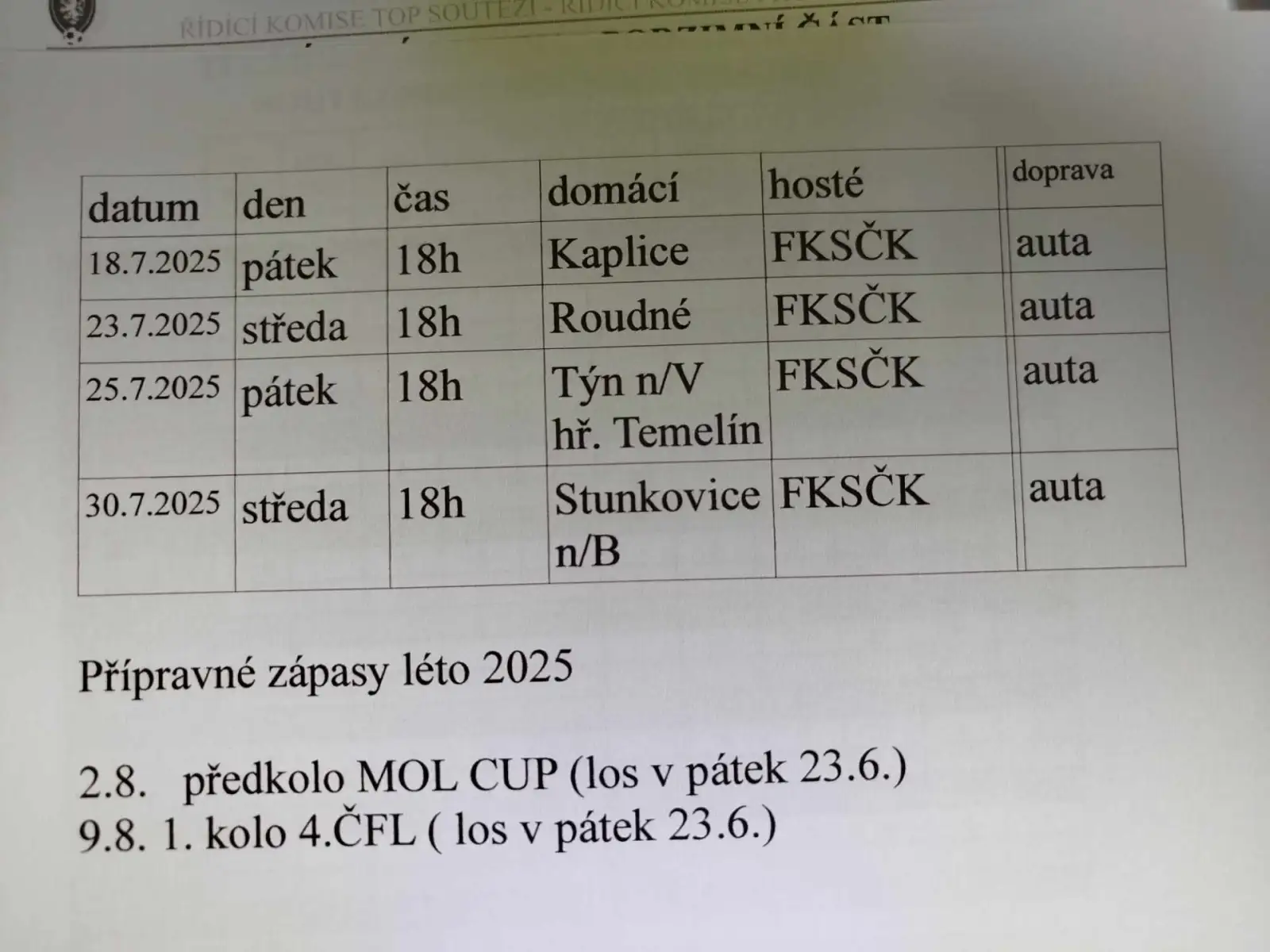 Program letní přípravy áčka