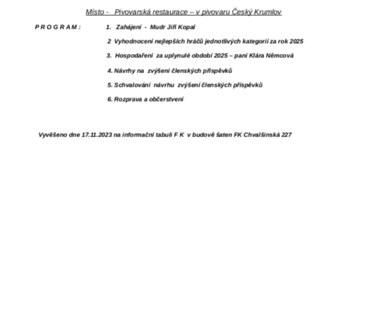 Valná hromada FK Slavoj Český Krumlov