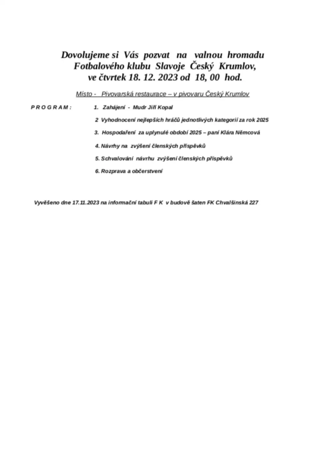 Valná hromada FK Slavoj Český Krumlov